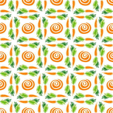 Color carrot vegetable leaf vector plain seamless pattern. Simplified retro illustration. Wrapping or scrapbook paper background.Childish style garden. Element for design, wallpaper, fabric printing.のイラスト素材