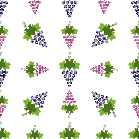 Vine grapes fruit color vector plain seamless garden pattern. Simplified retro illustration. Wrapping or scrapbook paper background.Childish doodle art. Element for design, wallpaper, fabric printingのイラスト素材
