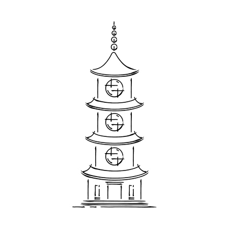 Japan landmark - temple, shrine, castle, pagoda, gate vector illustration simplified travel icon. Chinese, asian landscape traditional house. Ink brush style. Realistic element for design, print.のイラスト素材