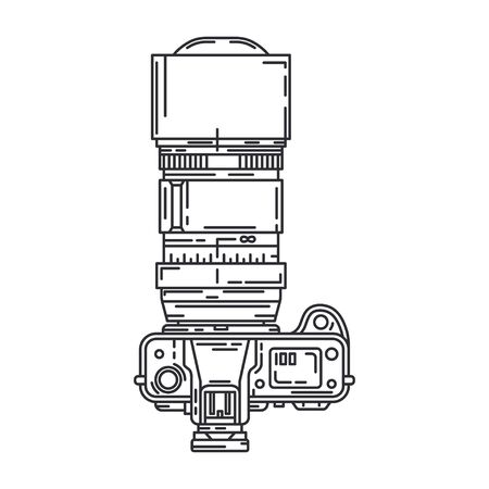 Line vector icon with digital slr professional camera. Photography art. Megapixel photocamera. Cartoon style illustration, element design. Photographic lens. Snapshot equipment. Digital photo studio.のイラスト素材