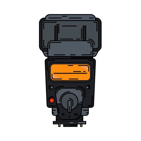Line color vector icon digital photographer professional equipment. Photography art. Photographic camera compact power flash, bulb. Cartoon style illustration, element design. Snapshot photo studio.のイラスト素材