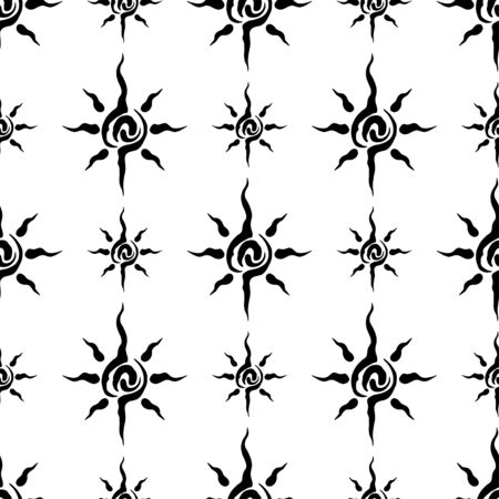 Abstract vector seamless pattern with space planet, sun symbol. Simplified hipsters ornament. Background trendy decoration. Festive texture. Monochrome vector illustration. Doodle wrapping gift paper.のイラスト素材