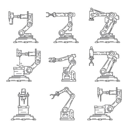 Line flat vector icon set factory conveyor robot arm system. Automatic industry assembly robotic machinery. Globalization laborer technology process. Mechanical worker. Cartoon style illustration.のイラスト素材