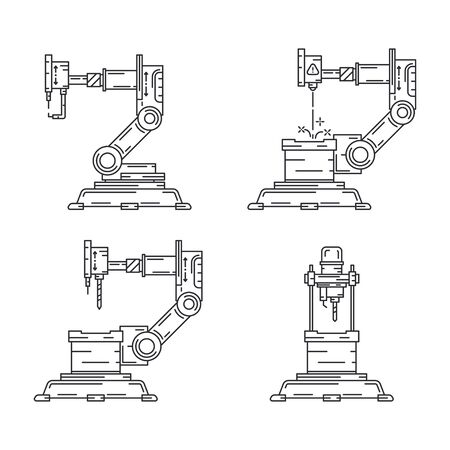 Line flat vector icon set factory conveyor robot arm system. Automatic industry assembly robotic machinery. Globalization laborer technology process. Mechanical worker. Cartoon style illustration.のイラスト素材