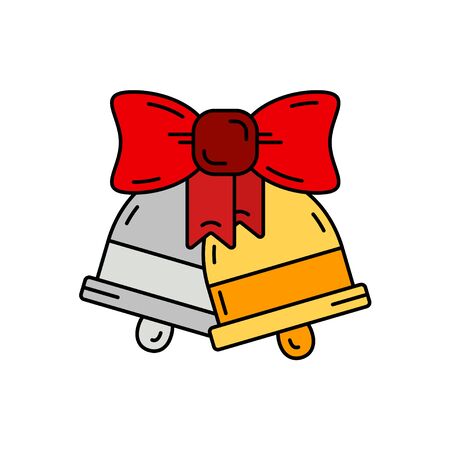 Winter traditional gold and silver door bell with ribbon icon. Holiday winter trendy decoration background. Holidays event, carnival party element. Happiness entertainment. Vector color illustration.のイラスト素材