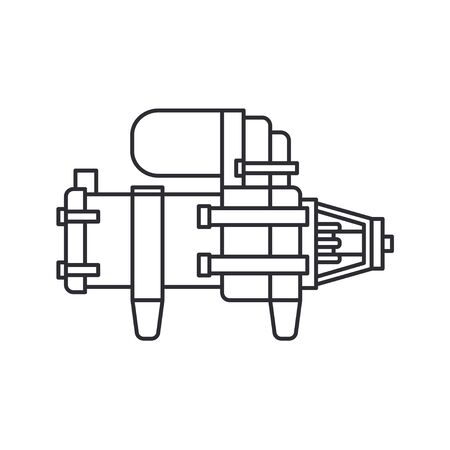 Line vector icon auto moto parts accessories electric starter. Repair service equipment. Engine elements shop catalog. Vintage vehicle symbol. Retro motorcycle mechanic. Graphic design element sign.のイラスト素材
