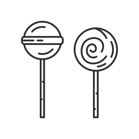 Line sweets candy lollipop sugar dessert icon set. Happy birthday. Party celebration, holidays event, carnival element icon. Vector linear illustration vintage object. Confectioner business symbols.のイラスト素材