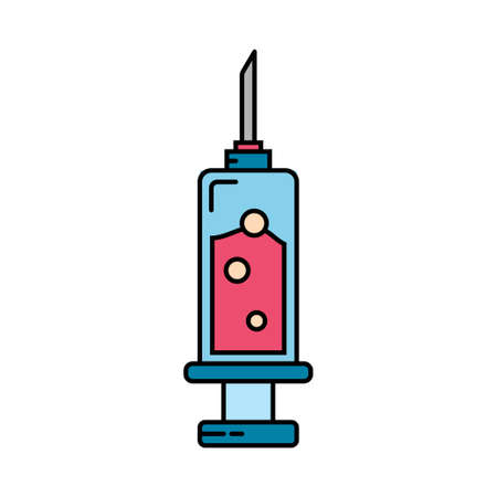 Line color medical healthcare art icon - syringe. Professional equipment symbol. Science, pharmacy, medic, chemistry background emblem element. Laboratory test. Vector medical outline illustration.のイラスト素材