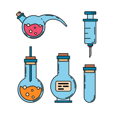 Color medical pharmaceutical icon set retort tube syringe. Professional equipment symbol. Science, pharmacy, chemistry background emblem element. Laboratory glass. Vector medical outline illustration.のイラスト素材