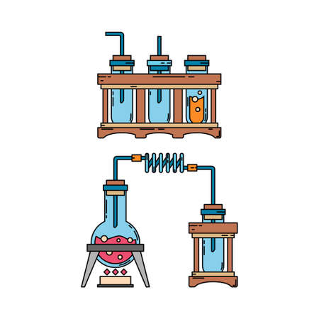 Color medical pharmaceutical icon set retort, tube. Professional equipment symbol. Science, pharmacy, medic, chemistry background emblem element. Laboratory glass. Vector medical outline illustration.のイラスト素材