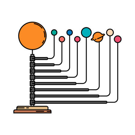 Color space science icon planets orbit layout. Classroom school equipment symbol. Science research education background emblem element. Teacher laboratory tools. Vector education outline illustration.のイラスト素材