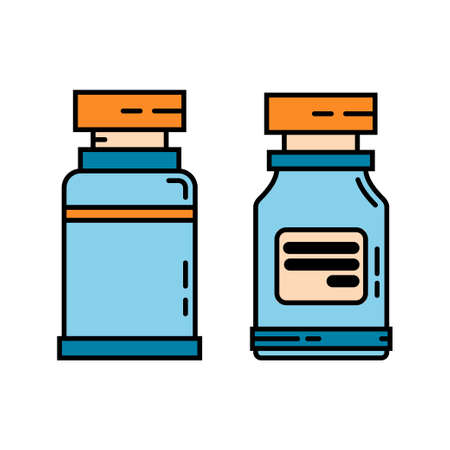 Line color medical healthcare icon set flask, tube. Professional equipment symbol. Science, pharmacy, medic, chemistry background emblem element. Laboratory glass. Vector medical outline illustration.のイラスト素材