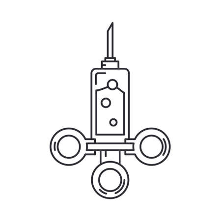 Line medical healthcare art icon - syringe. Professional equipment symbol. Science, pharmacy, medic, chemistry background emblem element. Laboratory test. Vector medical outline illustration.のイラスト素材