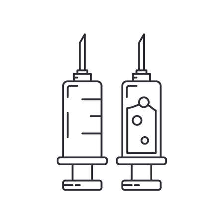 Line medical healthcare icon set - syringe. Professional equipment symbol. Science, pharmacy, medic, chemistry background emblem element. Laboratory test. Vector medical outline illustration.のイラスト素材