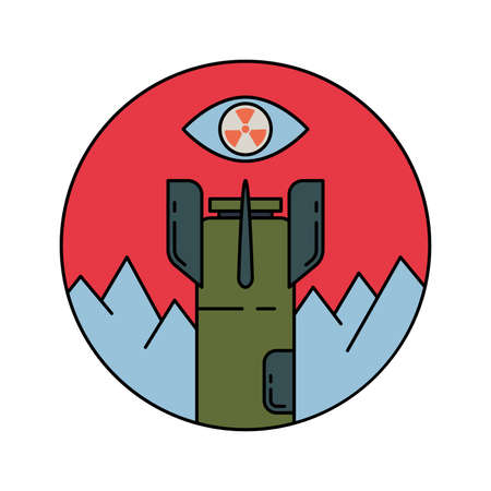 Line color vector icon abstract military atomic rocket tower with evil eye. Art symbol of bloody war. Stop russia military invasion. Against broadcasting fake news media concept logo. Help Ukraine.のイラスト素材