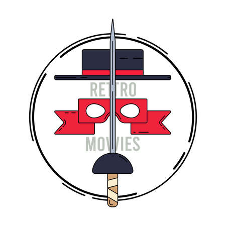 Color simple vector creative illustration - retro heroic movies. T-shirt printable message concept logo. Vintage cinema symbol object. Abstract video poster decoration. Sword and mask hero tv series.のイラスト素材