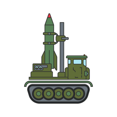 Line flat color vector illustration icon infantry assault army aircraft missile. Military vehicle. Simple retro style. Soldiers equipment. Armored corps. Weaponry. Tractor caterpillar unit. Tow. War.のイラスト素材