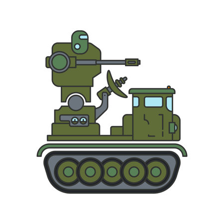 Line flat color vector illustration icon infantry assault army anti-aircraft gun. Military vehicle. Simple retro style. Soldiers equipment. Armored corps. Weaponry. Tractor caterpillar unit. Tow. War.のイラスト素材
