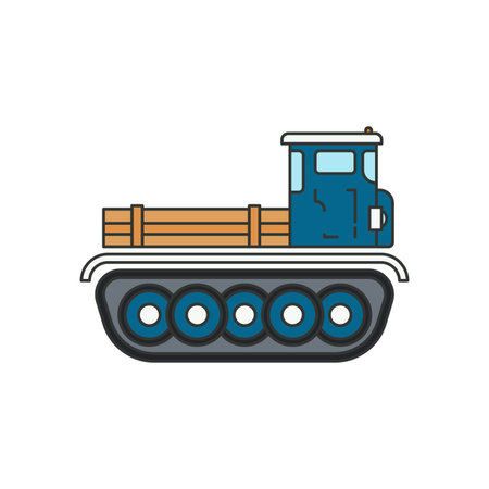 Line flat color vector icon illustration service staff convoy cargo tractor. Geological expedition vehicle. Retro simple style. Cargo transportation tractor unit. Industrial tow auto concept. Forest.のイラスト素材