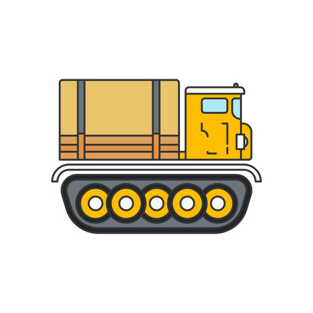 Line flat color vector icon illustration service staff convoy cargo tractor. Geological expedition vehicle. Retro simple style. Cargo transportation tractor unit. Industrial tow auto concept. Forest.のイラスト素材