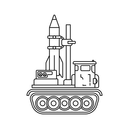 Line flat vector illustration icon infantry assault army aircraft missile. Military heavy vehicle. Simple retro style. Soldiers equipment. Armored corps. Weaponry. Tractor caterpillar unit. Tow. War.のイラスト素材