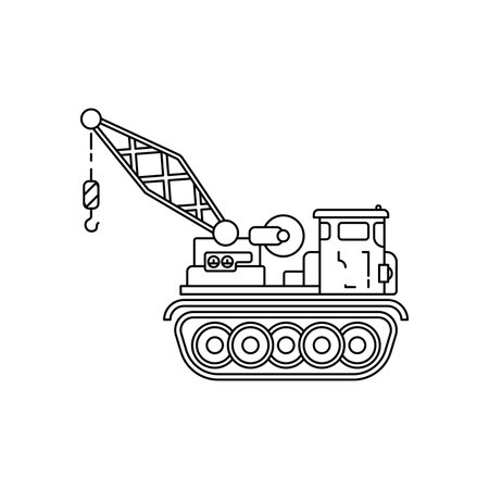 Line flat vector illustration icon construction machinery caterpillar truck crane. Simple retro style. Oil and gas industrial tool transportation. Building business engineering. Power tractor diesel.のイラスト素材
