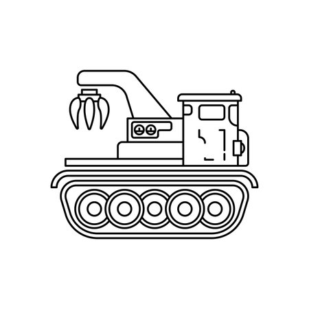 Line flat vector illustration icon construction machinery caterpillar truck crane. Simple retro style. Oil and gas industrial tool transportation. Building business engineering. Power tractor diesel.のイラスト素材