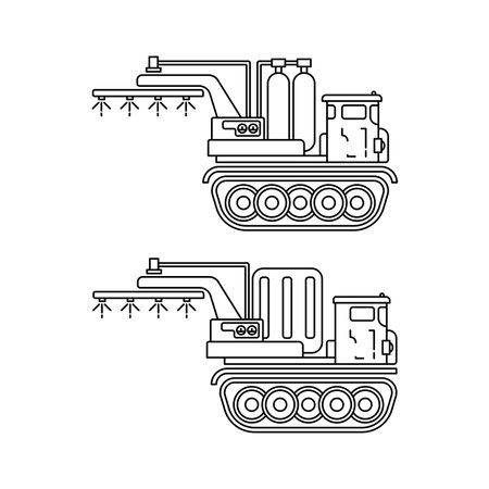 Line vector illustration icon set industrial farming machinery caterpillar truck fertilizers sprayer. Simple retro style. Agronomy industrial tool transportation. Power harvesting tractor diesel.のイラスト素材