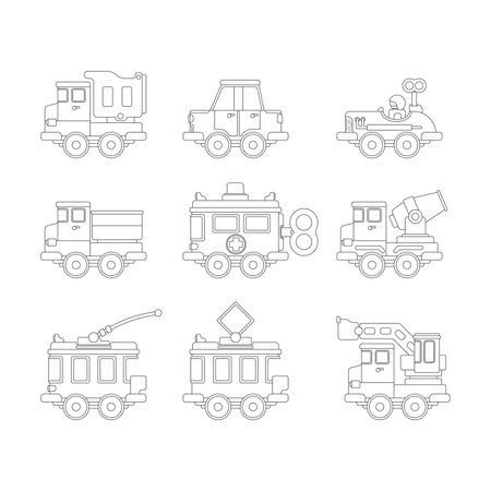 Line vector icon set with toy car. Engaging and interactive toys that spark creativity and imagination. Created for kids. Encourage playtime and ignite the joy of discovery with popular childrens toysのイラスト素材