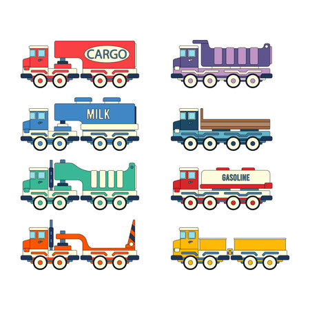 Color vector icon with toys truck set. Engaging and interactive toys that spark creativity and imagination. Made for kids. Encourage playtime and ignite the joy of discovery with popular childrens toyのイラスト素材
