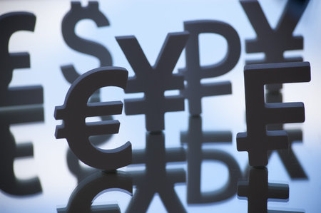 Euro, yen, pound sterling and dollar symbolsの写真素材