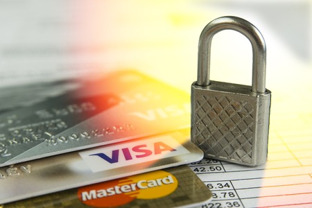 Krasnodar, Russia - October 30, 2017 : Protection of credit Visa and Master cards against hacker attacks.のeditorial素材