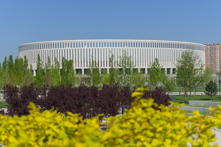 Krasnodar, Russia - April 27, 2018: Park green trees in front of the stadium FC Krasnodar on April 27, 2018のeditorial素材