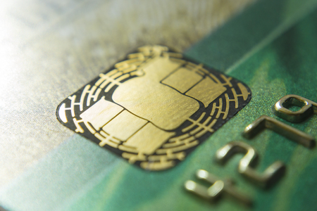 Gold credit cards close up. Macro shot smart card, credit card chipの写真素材