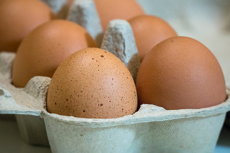 Close-up view of raw brown chicken eggs in egg box on white background
