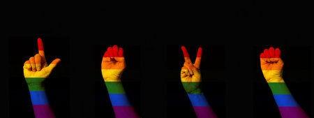International sign for peace and love gesturing on white background gay pride rainbow flag