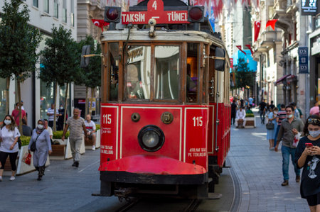 09 05 2021 Istanbul Turkey Tram line at famous Taksim Square Tarlabasi Streetのeditorial素材