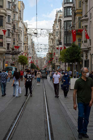 09 05 2021 Istanbul Turkey Tram line at famous Taksim Square Tarlabasi Streetのeditorial素材