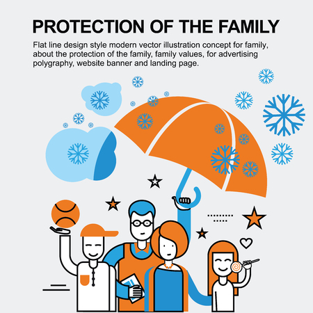 Flat line design style modern vector illustration concept for family, about the protection of the family, family values, for advertising polygraphy, website banner and landing page.のイラスト素材