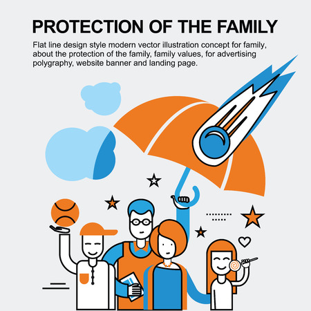 Flat line design style modern vector illustration concept for family, about the protection of the family, family values, for advertising polygraphy, website banner and landing page.のイラスト素材