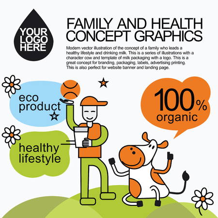 Concept of a family who leads a healthy lifestyle and drinking milk. Character cow for milk packaging with a for branding, packaging, advertising printing, for website banner and landing page.のイラスト素材