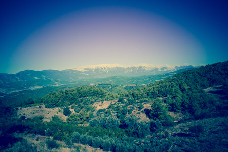 Mountains and ruins in Turkey. Landmarks in Demre, Myra and Kekova. Retro style.