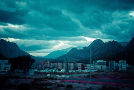 Terrible landscape with clouds and mountains. Scary apocalyptic landscape with mountainsの写真素材