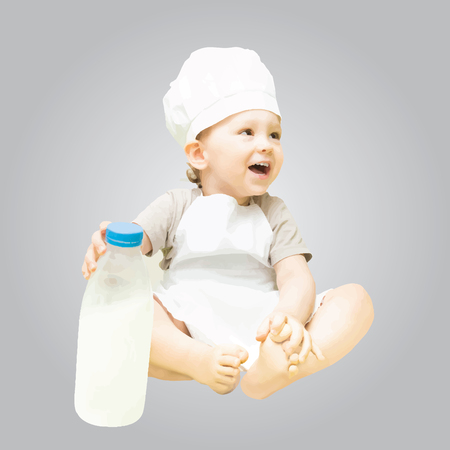 Happy baby chef with milk bottle and cook hat isolated. Smiling cute baby boy on white. Smiling child in a chef hat. The image for baby food advertising.のイラスト素材
