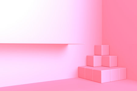 3d rendering sweet pink cube-box and shelve minimal studio.の写真素材