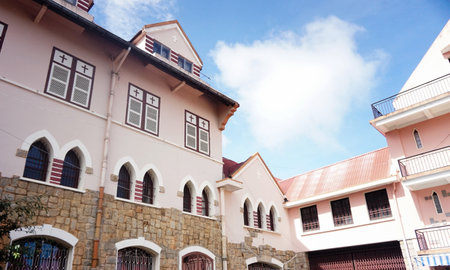 Donmain Marie Church in Dalat,Beautiful pink Chruch in Viet nam,looking retro styleの写真素材
