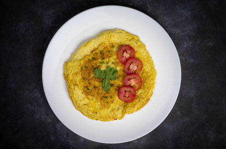 Omelette with tomatoes slide, coriander and scallion. top view. isolated on white dish with grey cement background.の写真素材