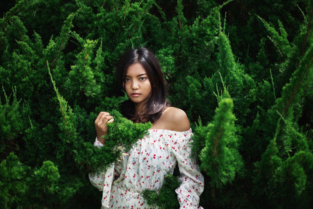 Asian beautiful woman Face and beautiful skin wearing a white dress, the background is a dark green Platycladus orientalis leaf Under the concept of fashion And natural beauty productsの写真素材