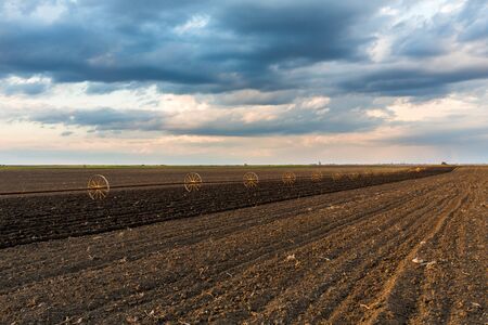Potato field with irrigation system, right after seedingの写真素材