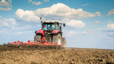 Farmer in tractor preparing land with seedbed cultivatorの写真素材